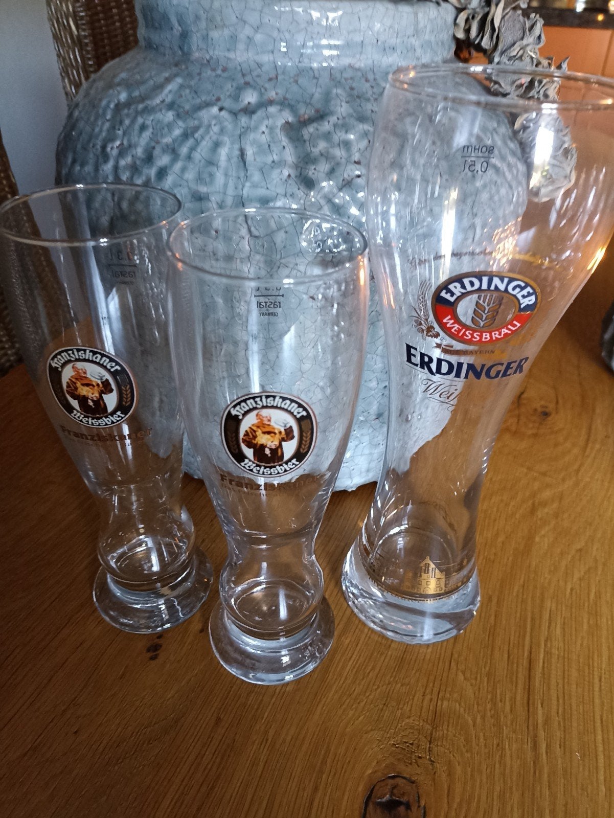 3 Bierglazen: 2 Franziskaner en 1 Erdinger Weissbier, Ophalen of Verzenden, Gebruikt, Glas