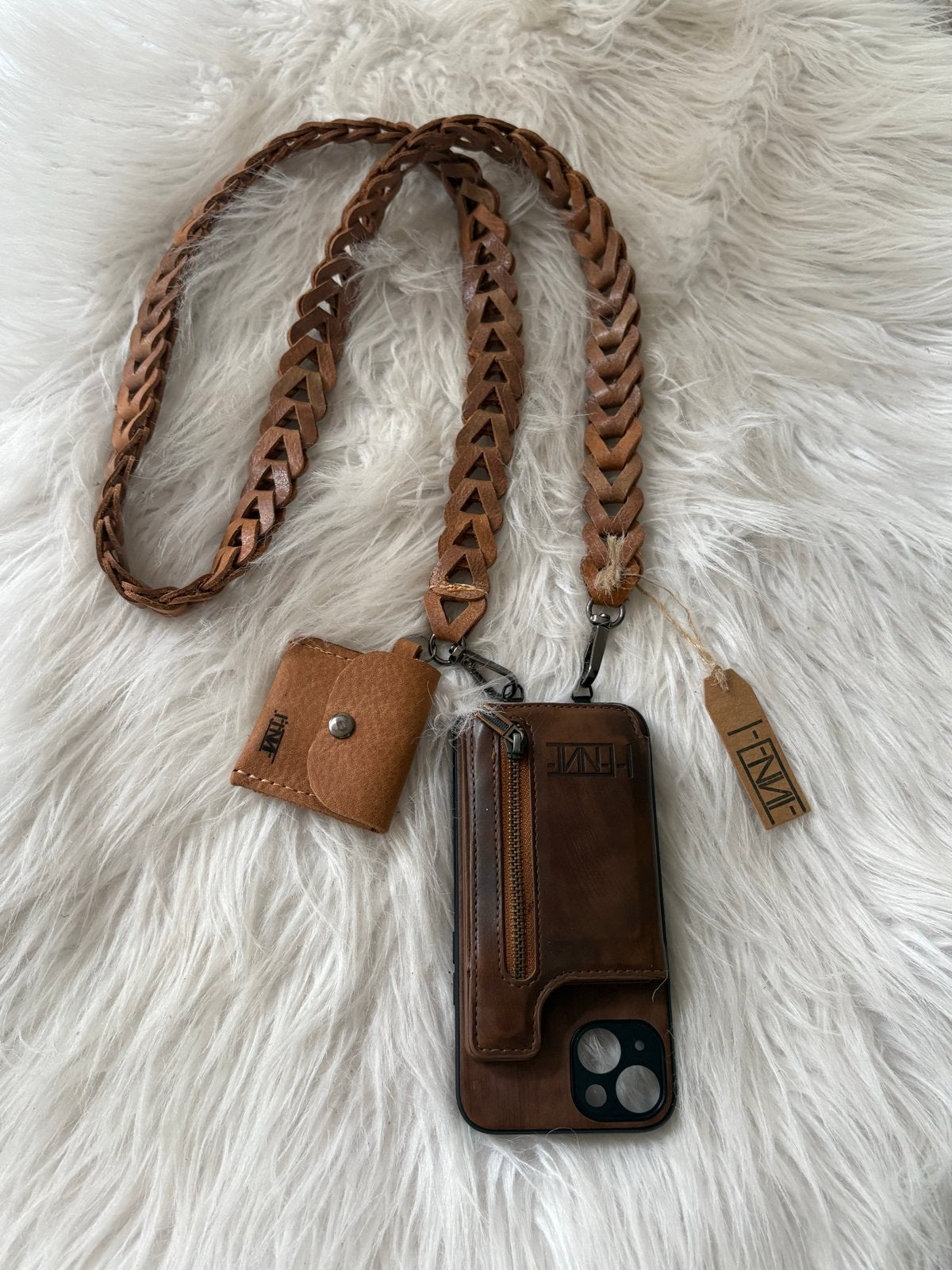 Gerecycled leren telefoonkoord met minitasje, Ophalen of Verzenden, Nieuw, Telefoonhanger of Accessoire, Universeel