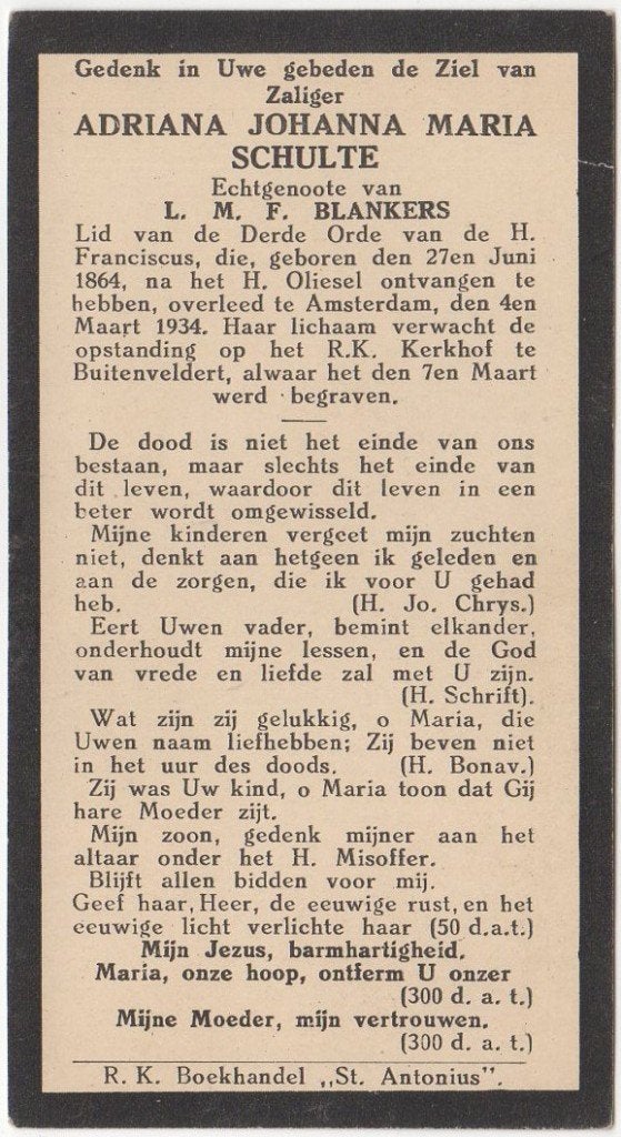 Adriana J.M. Schulte 1864 + 1934 Amsterdam, 69 jaar, Verzenden
