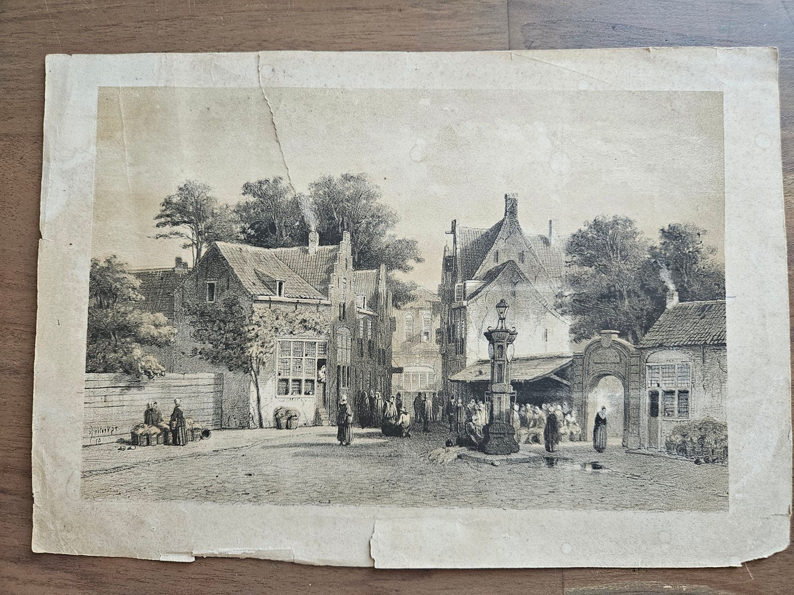 Litho/Steendruk Hollands dorpsgezicht P. G. Vertin, Antiek en Kunst, 1800 - 1899, Stadsgezicht, Ophalen of Verzenden, Origineel