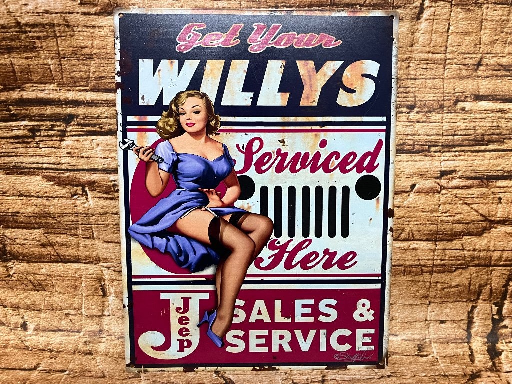 pin‑up "Willys Jeep Service" wandbord., Reclamebord, Nieuw, Ophalen of Verzenden, Nvt
