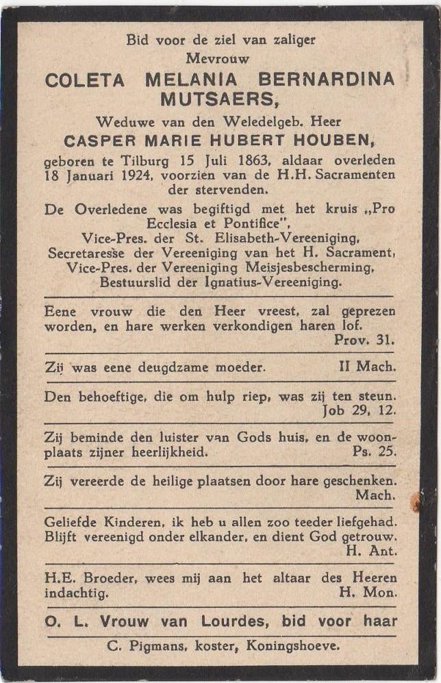 Coleta M.B. Mutsaers 1863 Tilburg + 1924 Tilburg, 60 jaar, Verzenden