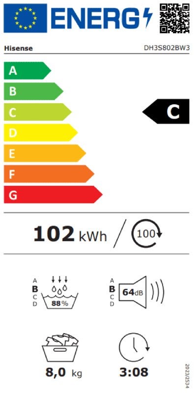 Hisense warmtepompdroger DH3S802BW3 - 3S Serie, Witgoed en Apparatuur, Wasdrogers, Wolprogramma, Minder dan 85 cm, Overige typen
