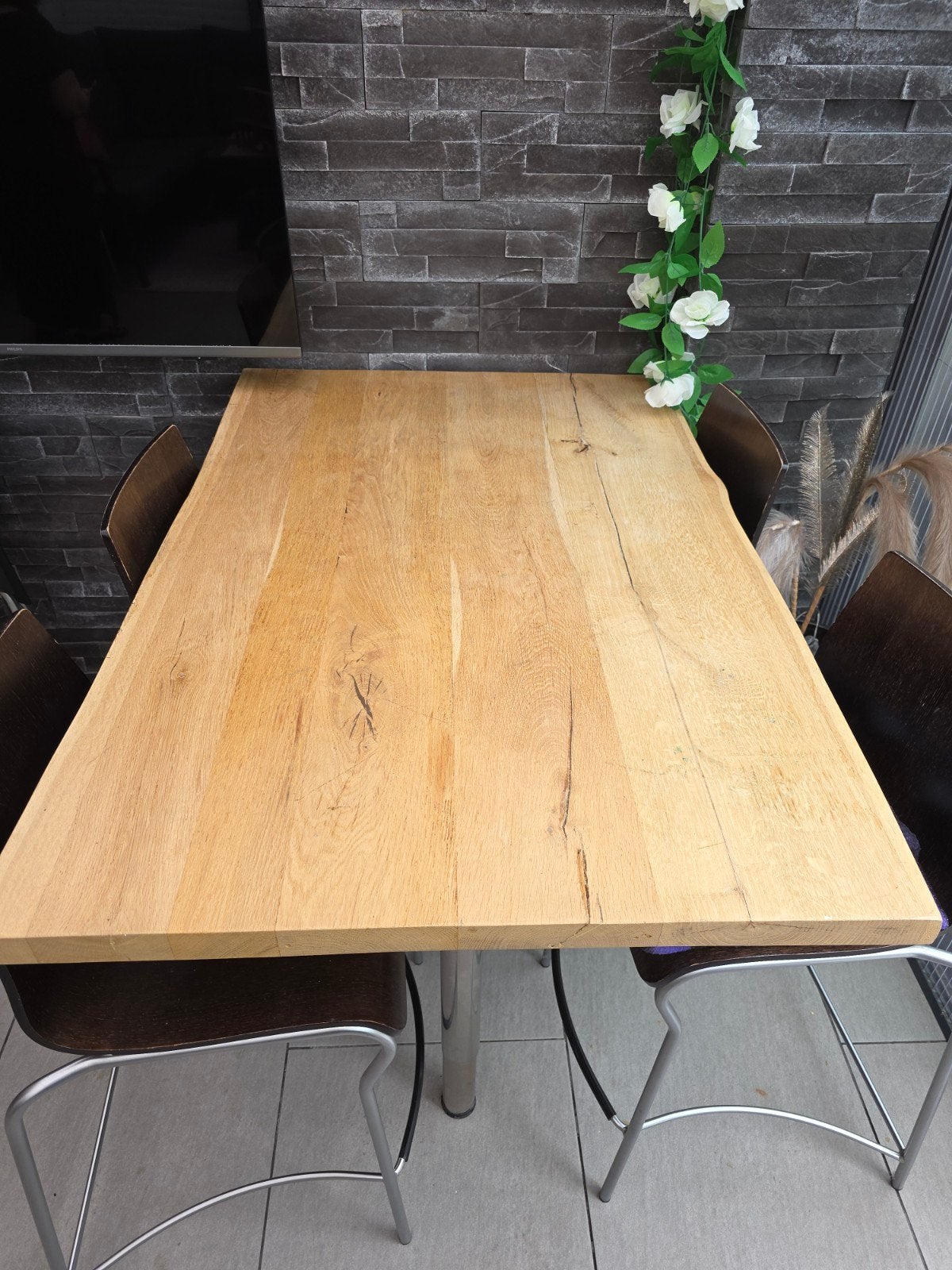 Boomstam  tafel  met 4 stoelen, Ophalen of Verzenden, Rechthoekig, 100 tot 150 cm, 50 tot 100 cm