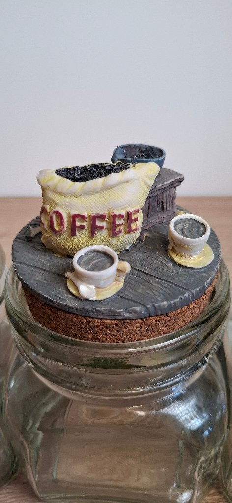 glazen voorraadpotten koffie thee suiker decoratieve deksels, Ophalen of Verzenden