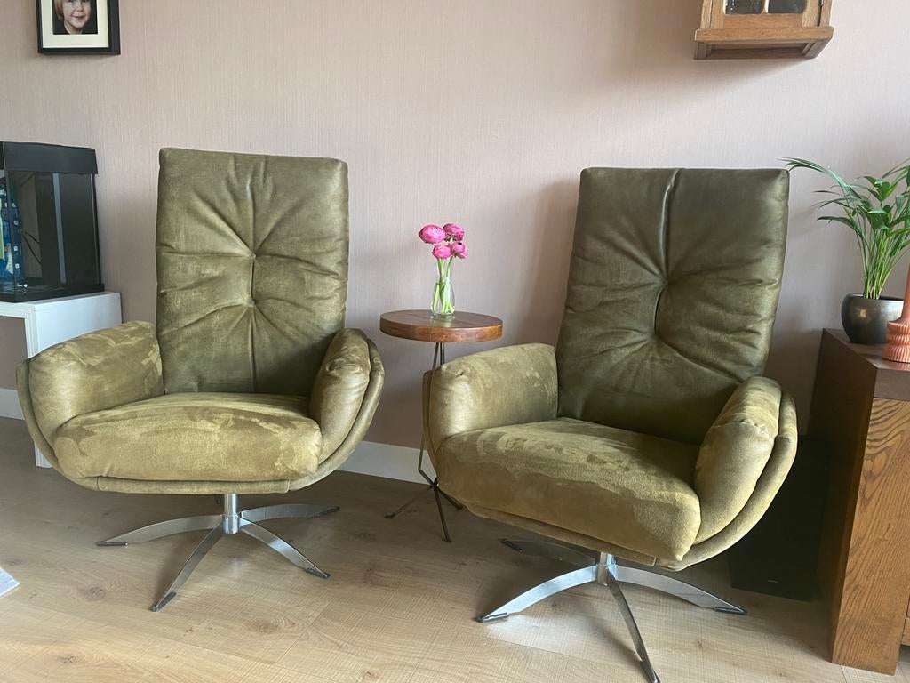 Twee fauteuils Groen nubuck stof, Huis en Inrichting, Fauteuils, Ophalen, Minder dan 75 cm, Zo goed als nieuw, Stof