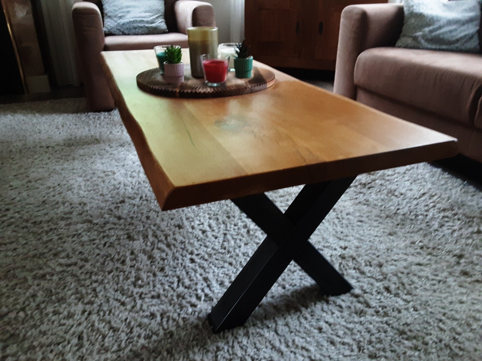 Eikenhouten salontafel met metalen onderstel, Ophalen, Gebruikt, 100 tot 150 cm, 50 tot 100 cm