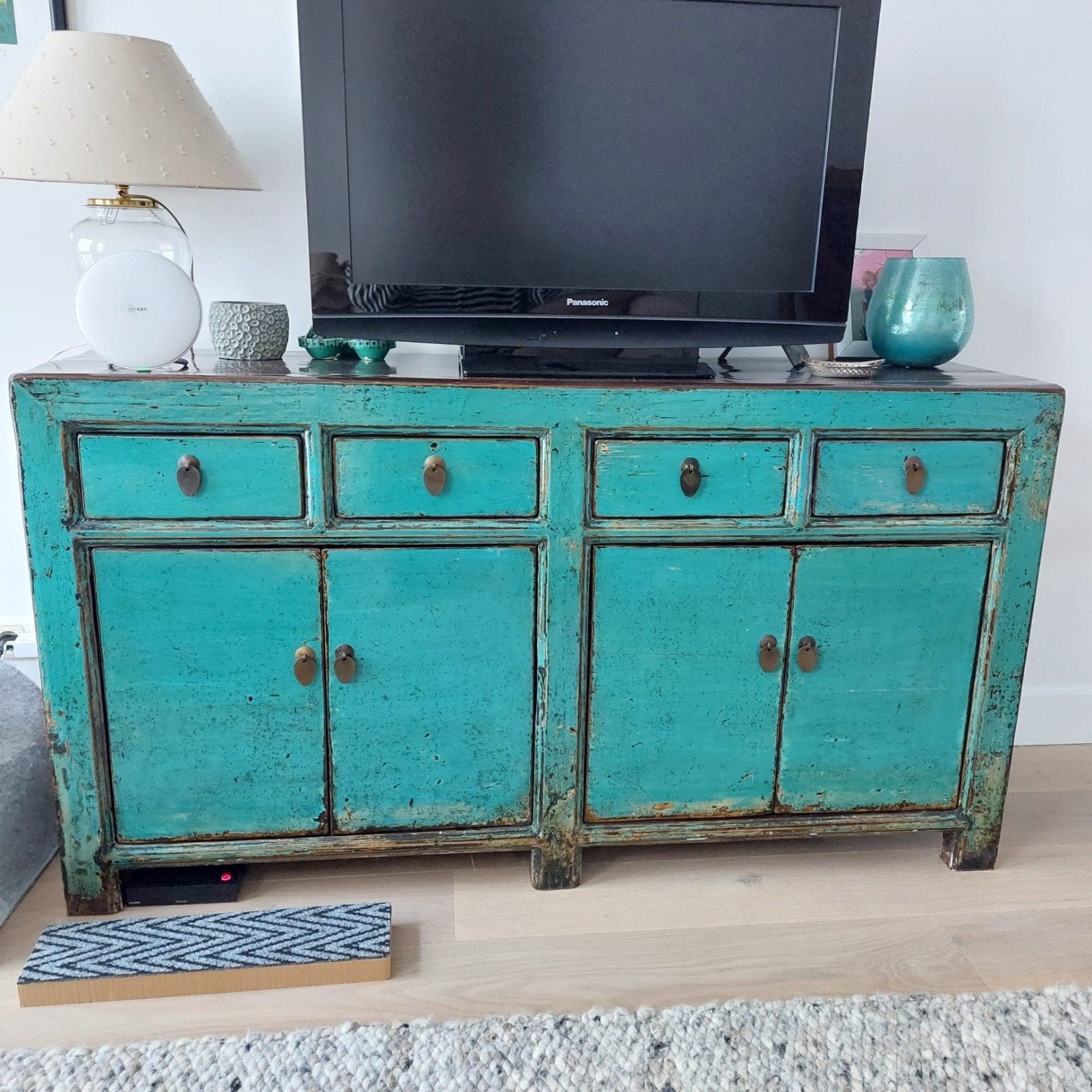 Unieke Chinese dressoir/tv-meubel in turquoise, Ophalen