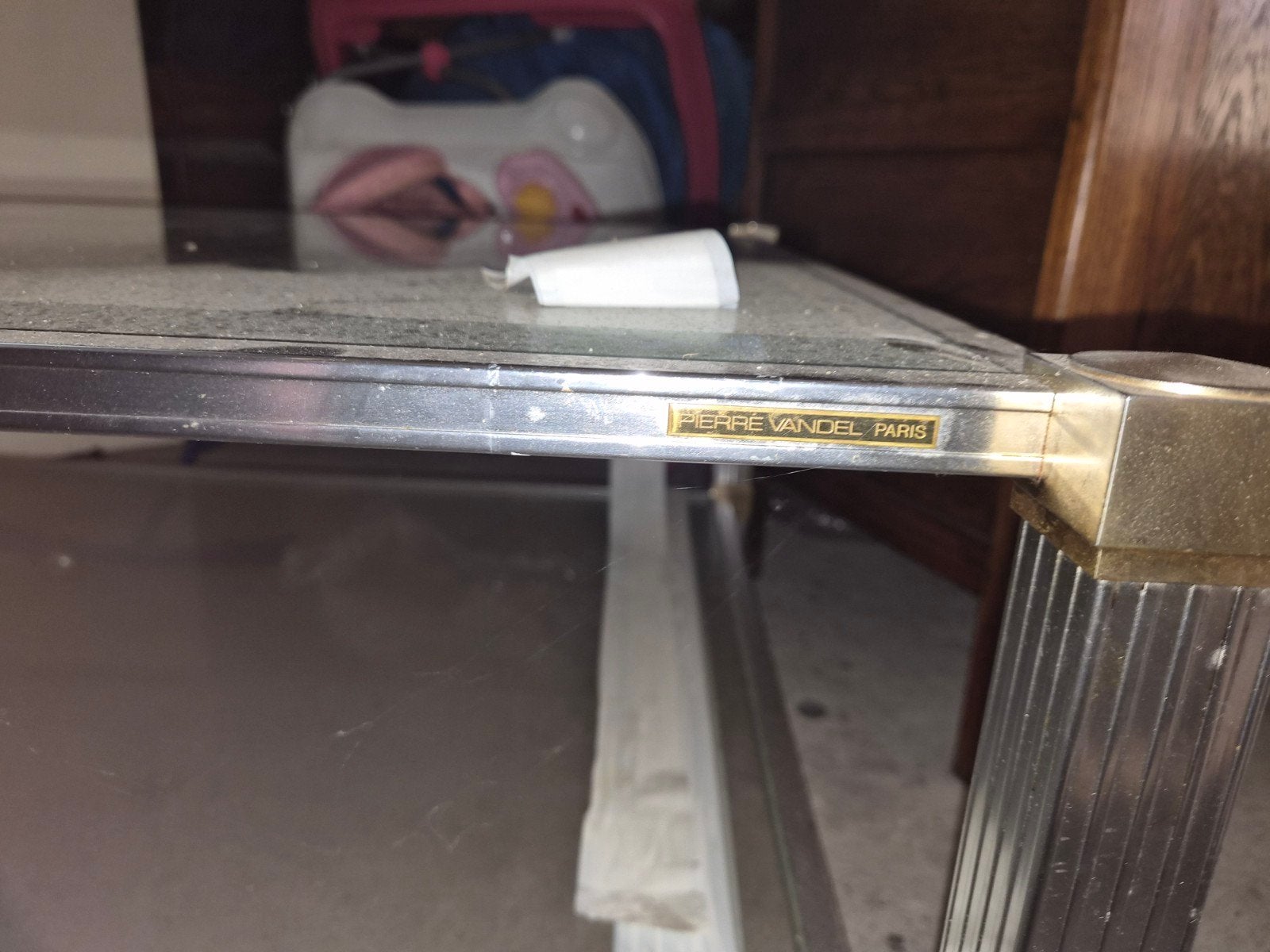 Pierre Vandel Paris salontafel met glazen blad, Gebruikt, 100 tot 150 cm, Vintage, Hollywood Regency, Glas