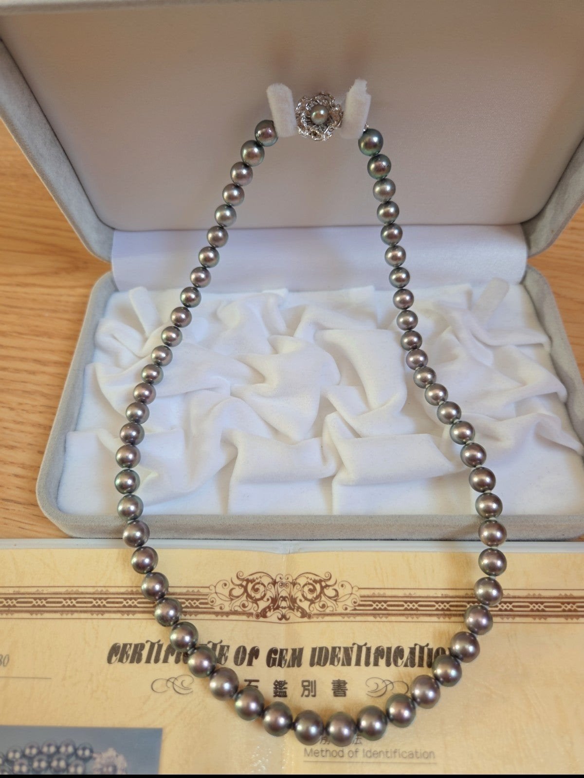 Akoya parelketting met Japans certificaat, Ophalen of Verzenden, Zo goed als nieuw, Grijs, Zilver