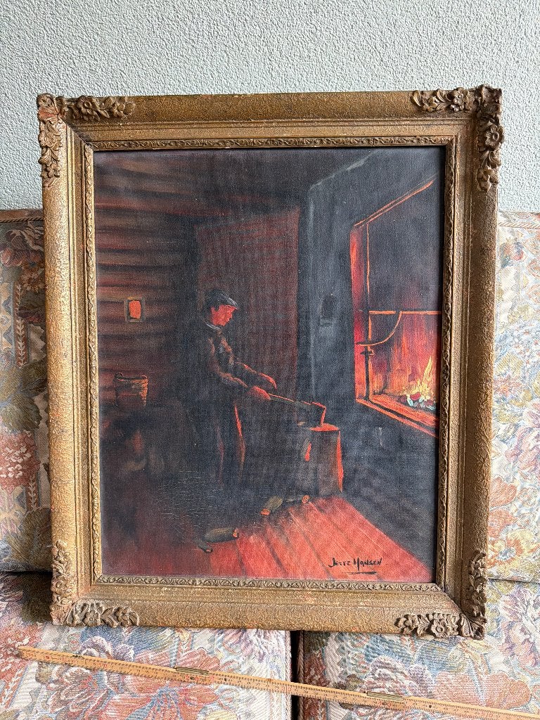 Schilderij houthakker bij haardvuur 50x60cm, Ophalen