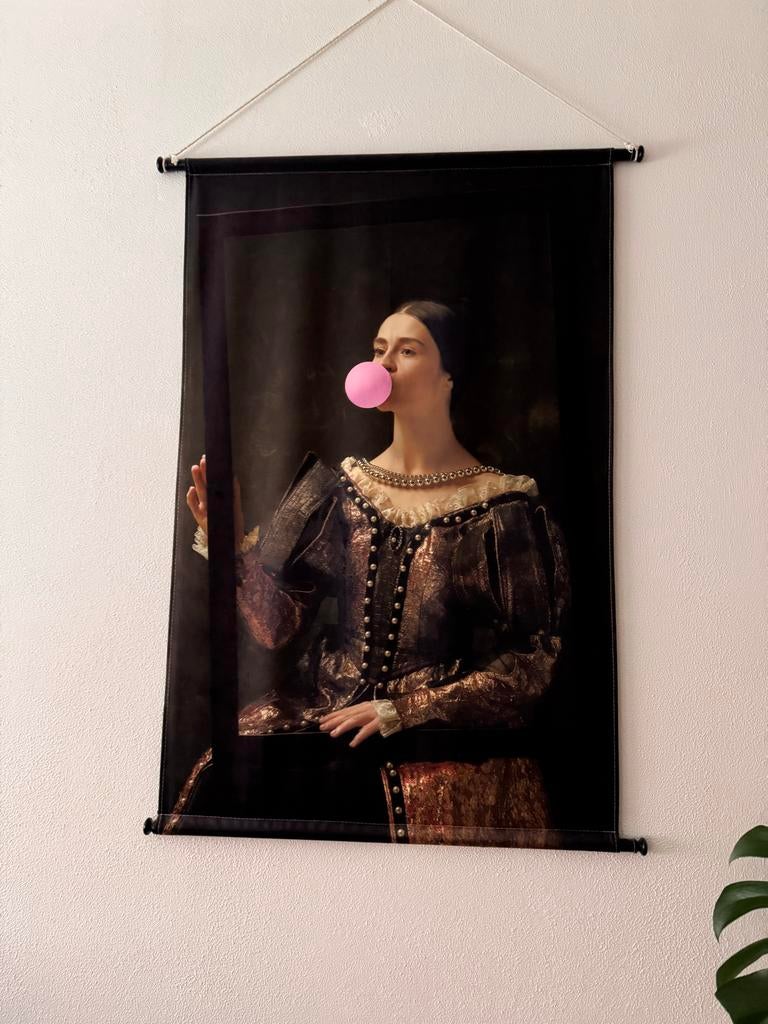 Wandkleed met klassiek portret en kauwgombal, Ophalen, 72 cm, Meerkleurig, Zo goed als nieuw