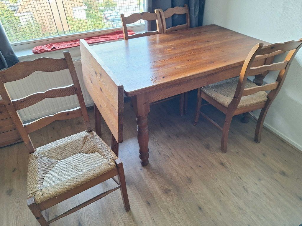 Grenen eettafel + stoelen, Ophalen, Gebruikt, Vijf personen of meer, Grenenhout