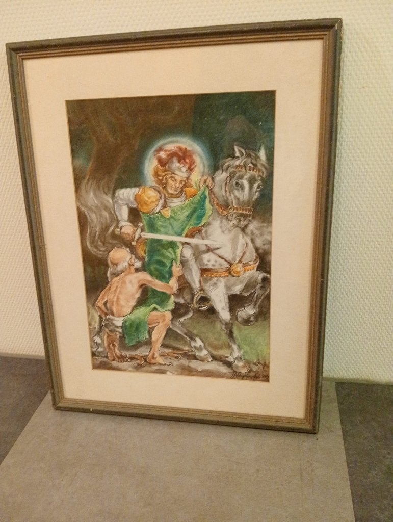 "St.Martinus" ge-signeerd-dateerd in lijst met glas:53x46cm, Ophalen