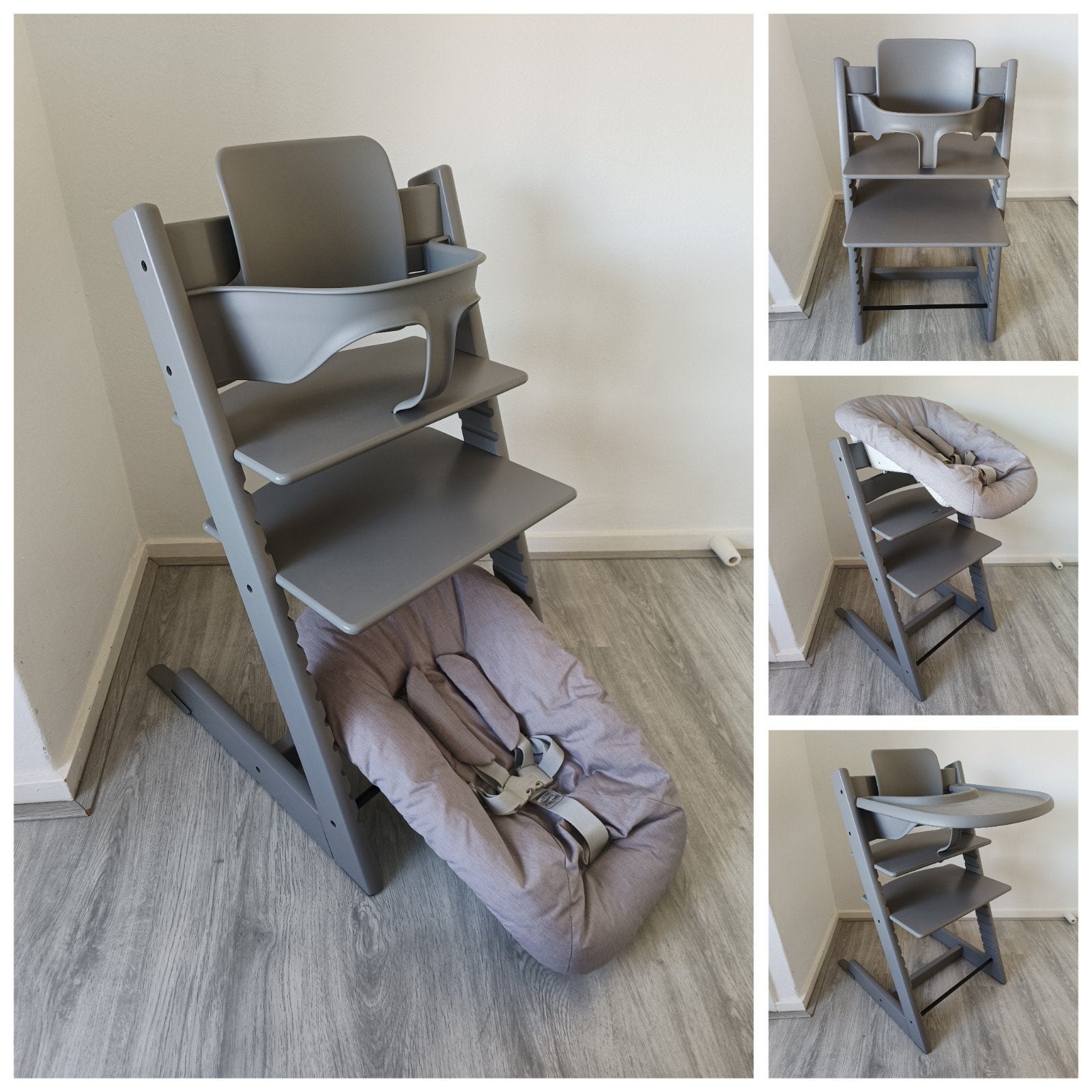 ZGAN! Stokke Tripp Trapp storm grey+babyset,newborn evt.tray, Meegroeistoel, Ophalen of Verzenden, Zo goed als nieuw, Aanschuifbaar