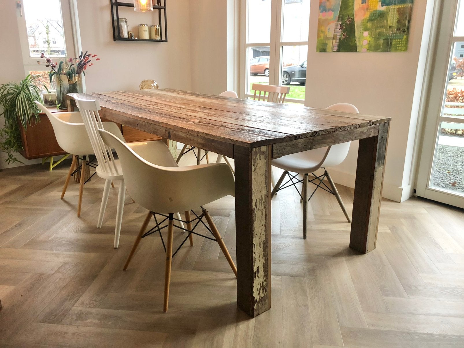 Tafel; kleurrijk en stoer, Huis en Inrichting, Ophalen, Eikenhout, 200 cm of meer, 50 tot 100 cm