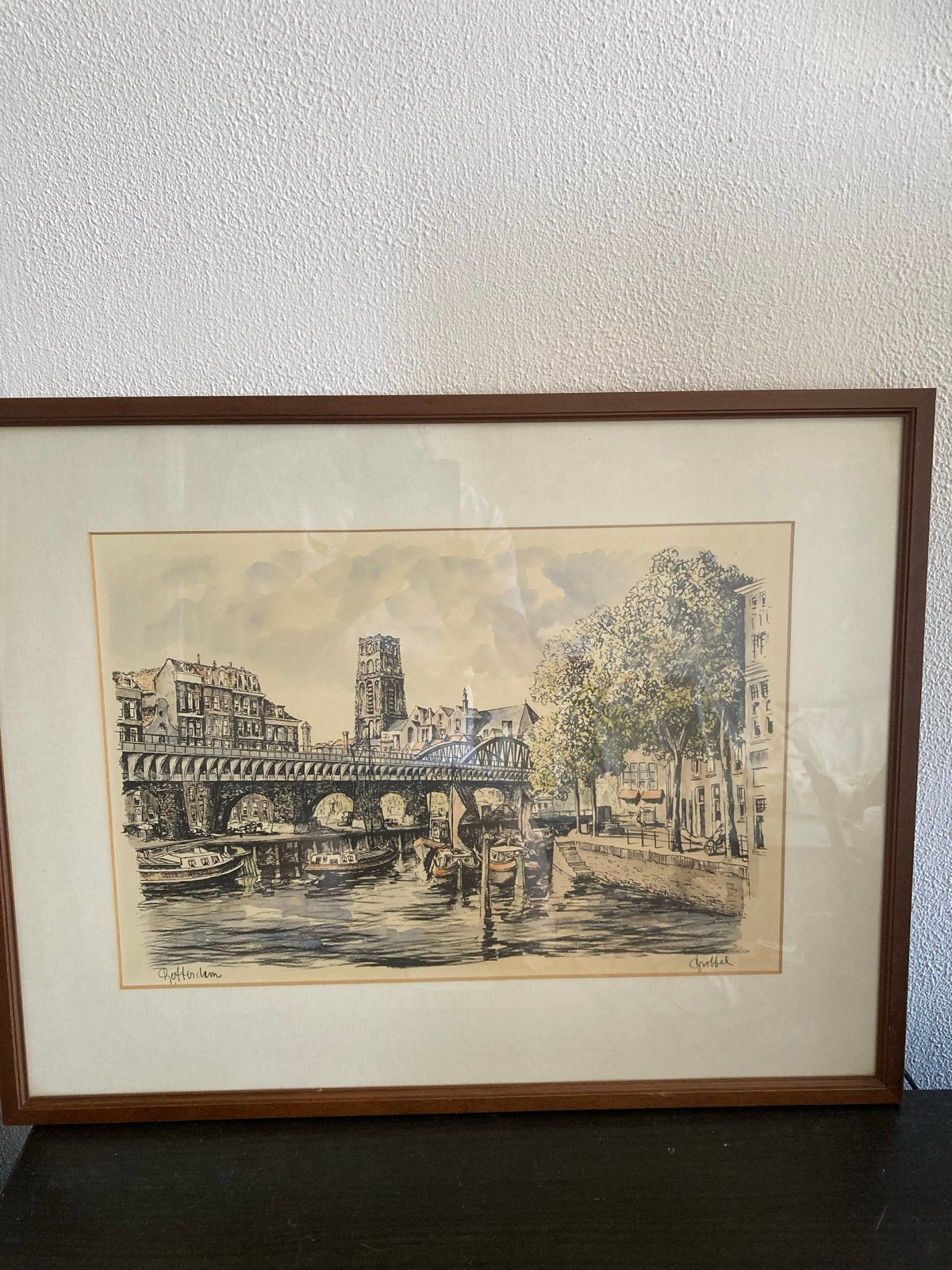 Ingekleurde ets van de Kolk in Rotterdam door Bob Brobbel, Handgekleurd, 28 cm, Ets, Stadsgezicht