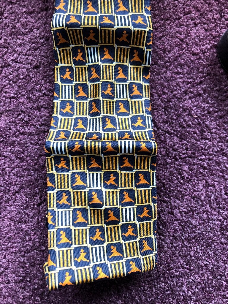 Stropdas geel, blauw en oranje patroon en riem., Ophalen of Verzenden, Zo goed als nieuw, Oranje, Met patroon