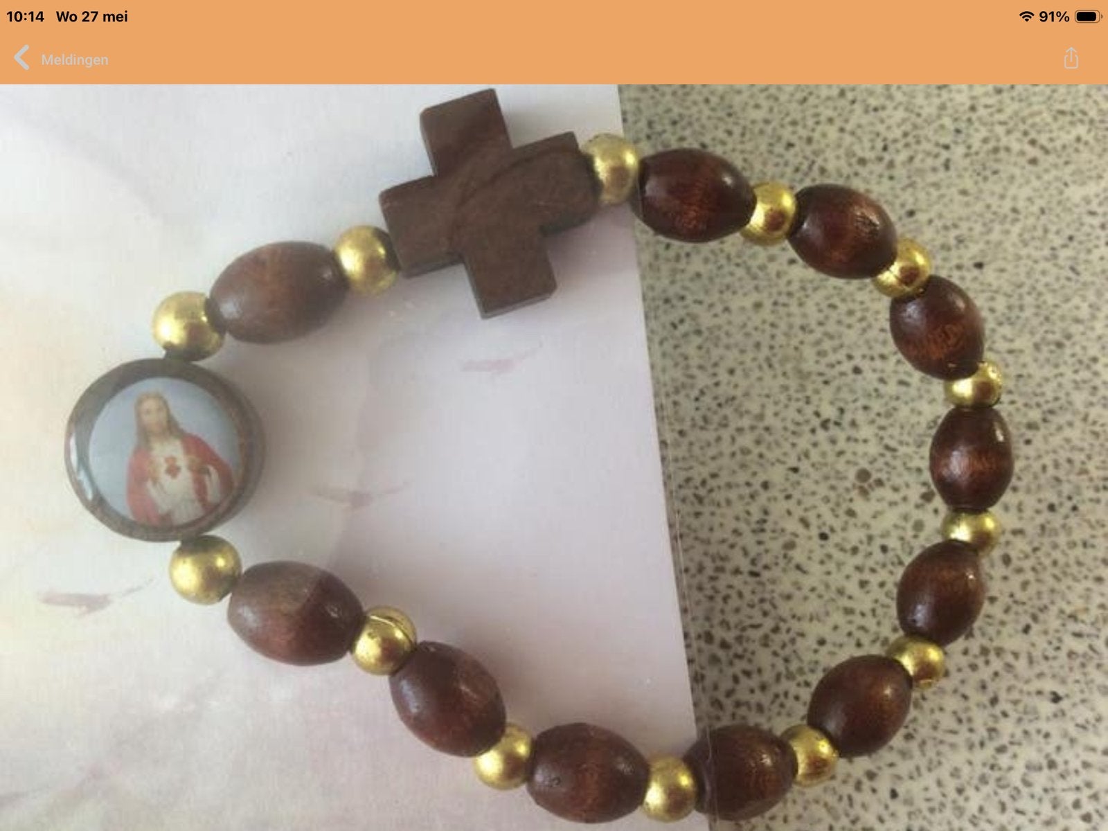 Rozenkrans Armband met Houten Kralen en Kruisje, Ophalen of Verzenden