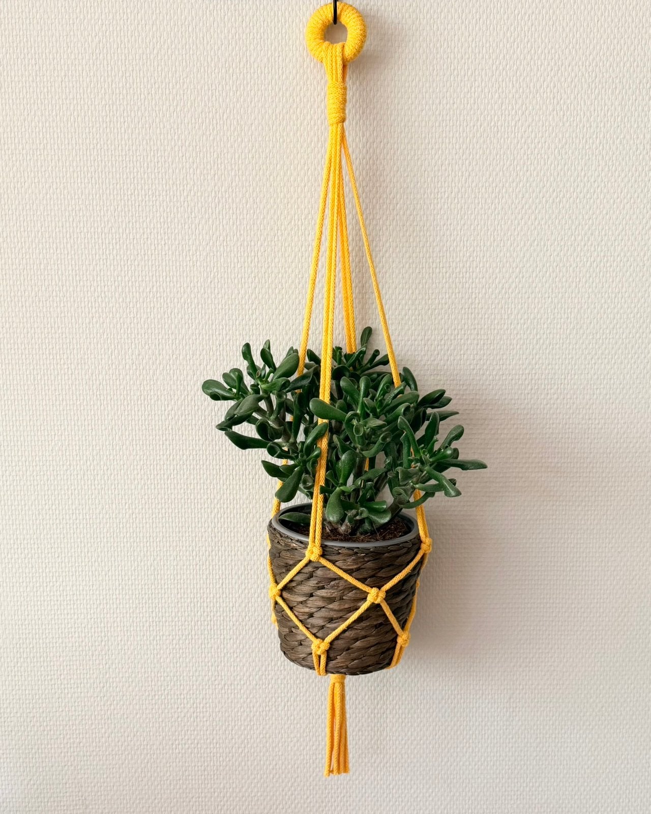 Gele plantenhanger - handgemaakt/macramé - 77 cm, Nieuw, Ophalen of Verzenden, Modern, Textiel