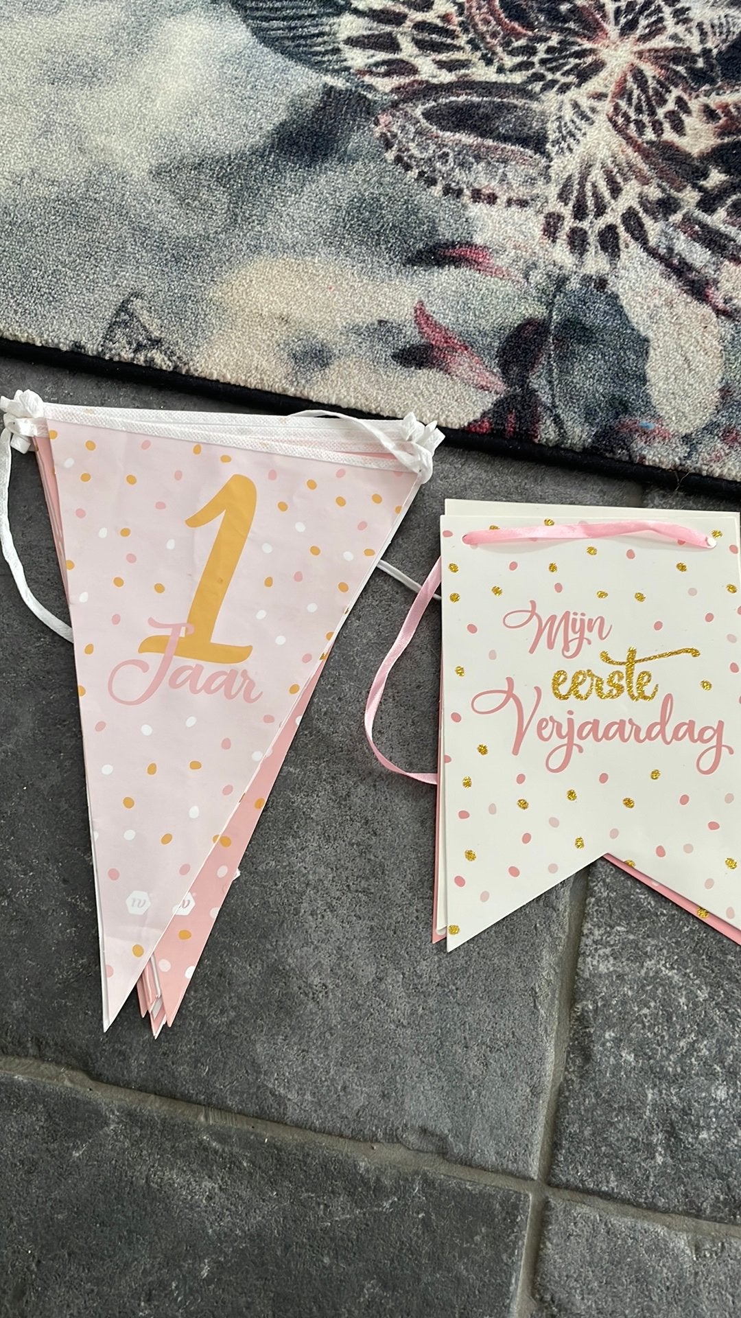 2 Vlaggenlijnen Roze Goud Wit - Meisje 1e Verjaardag, Ophalen, Zo goed als nieuw, Versiering, Verjaardag