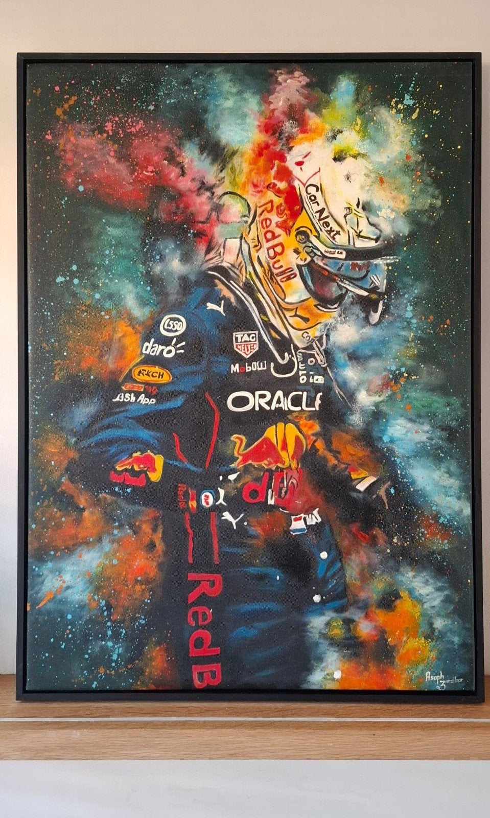 Handgeschilderd schilderij Max Verstappen 80x60cm, Ophalen of Verzenden, Olieverf, Op houten frame, Portret