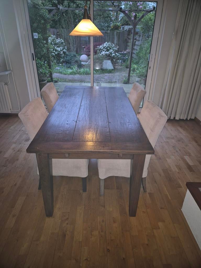 Eiken eetafel met verlenging en 4 stoelen, Ophalen, Gebruikt, 4 tot 6 stoelen