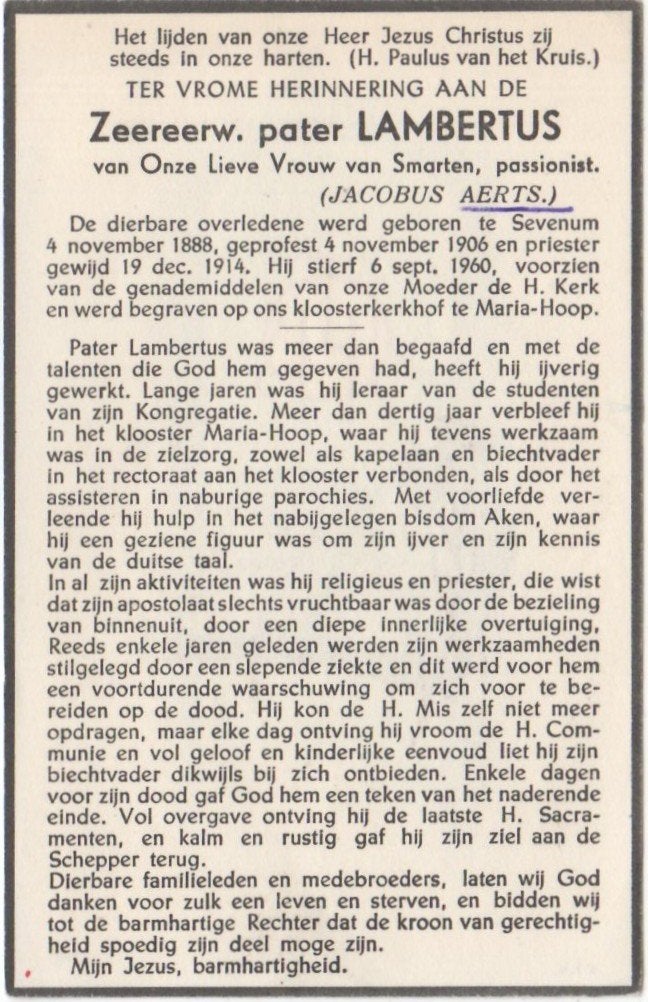 pater Jacobus Aerts 1888 Sevenum + 1960 Maria Hoop, 71 jaar, Ophalen of Verzenden