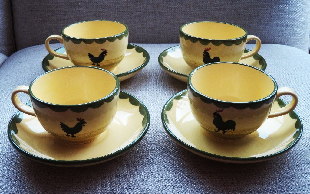 4x Kop en schotel Zeller Fayencerie met haan en kip, Huis en Inrichting, Keuken | Servies, Ophalen of Verzenden, Aardewerk, Wedgwood
