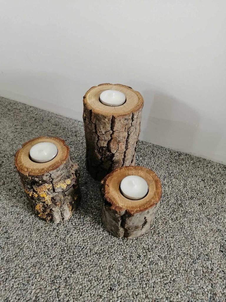 3 boomstam theelichthouders, Ophalen, Zo goed als nieuw, Hout, Kandelaar