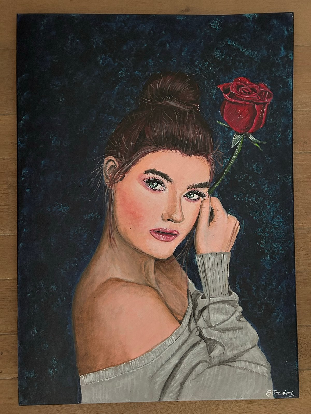 Vrouw met roos - Acrylverf op doek (50-70 cm), Antiek en Kunst, Ophalen of Verzenden, Gelakt/vernis, Acrylverf, Portret