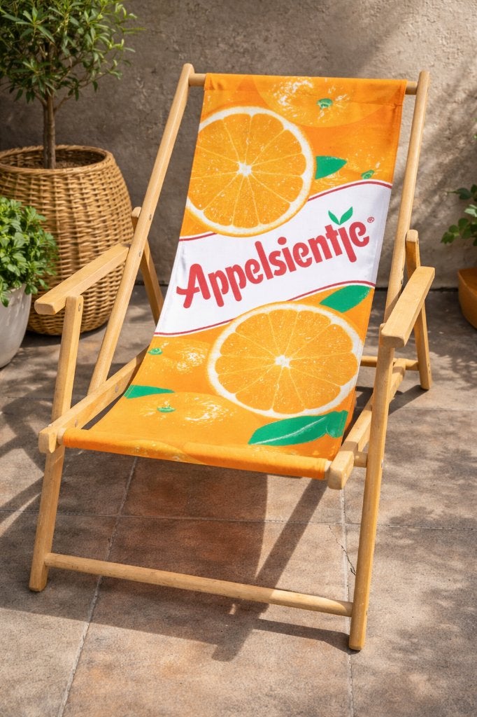 Retro Appelsientje strandstoel – vintage zomerse blikvanger!, Verzamelen, Retro, Ophalen of Verzenden, Huis en Inrichting
