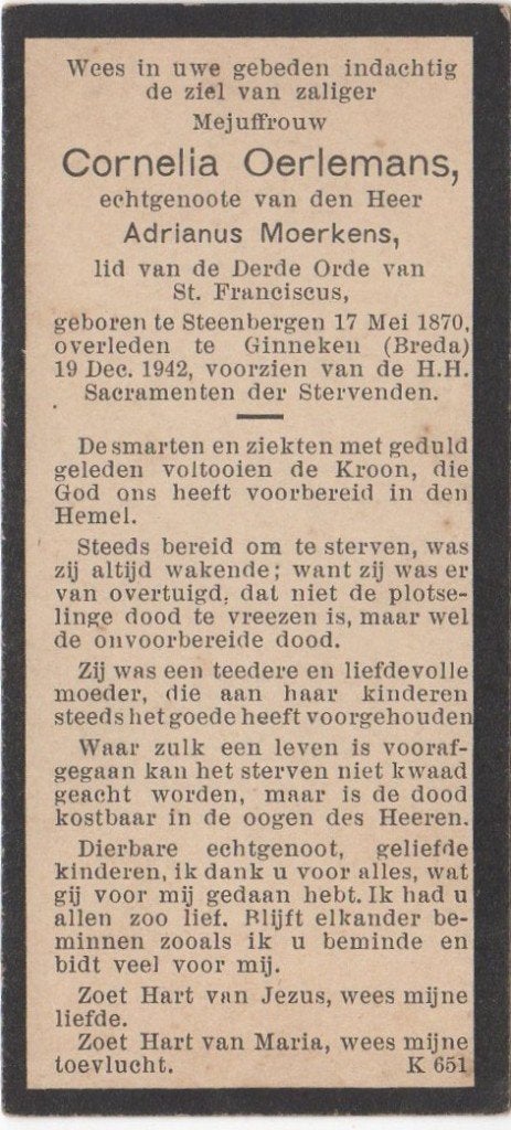 Cornelia Oerlemans 1870 Steenbergen + 1942 Ginneken, 72 jr, Verzenden