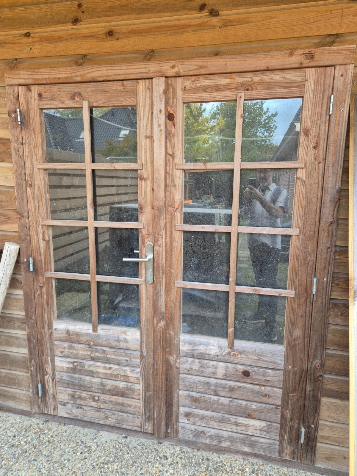 Dubbele houten tuindeuren met glas, Doe-het-zelf en Verbouw, Ophalen, Gebruikt, 120 cm of meer, Buitendeur