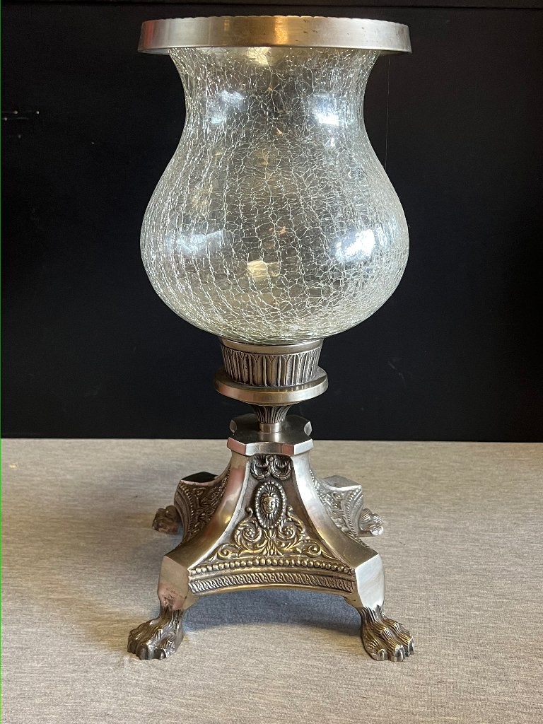 Groot Windlicht met Voet 43cm Craquelé Glas, Windlicht, 43 cm, Ophalen of Verzenden, Zilver