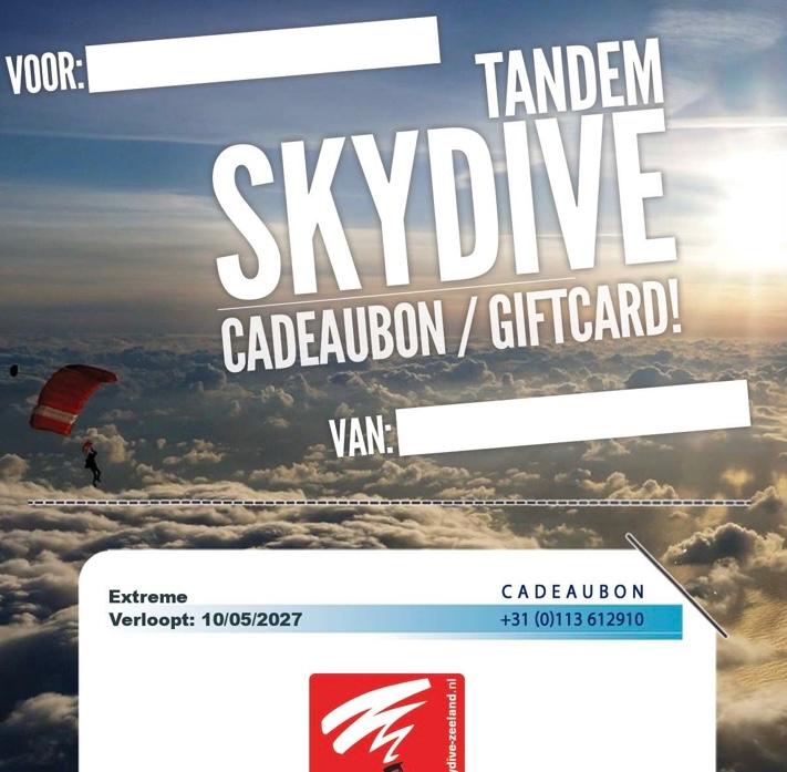 2x Tandemsprong 13000ft skydive Zeeland, Tickets en Kaartjes, Kortingen en Cadeaubonnen, Twee personen, Cadeaubon, Overige typen