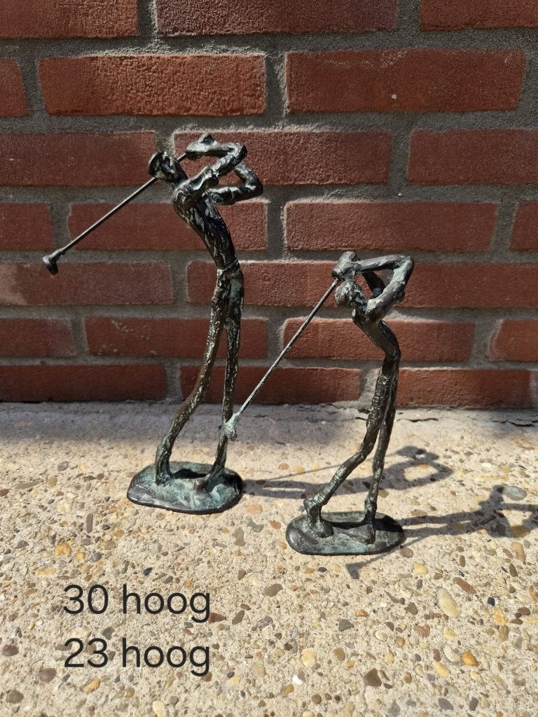 2 bronzen beelden van golfers in swingstand, Antiek en Kunst, Ophalen of Verzenden, Brons