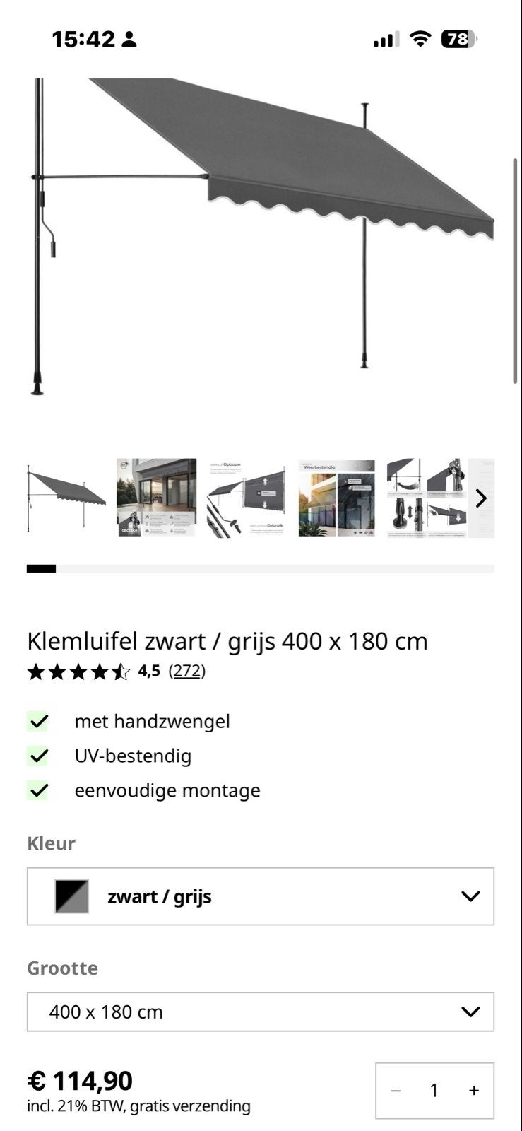 TecTake Klemparasol zwart/grijs 400x180 Nieuw in doos!, Ophalen, Overige typen, Nieuw, 150 tot 300 cm