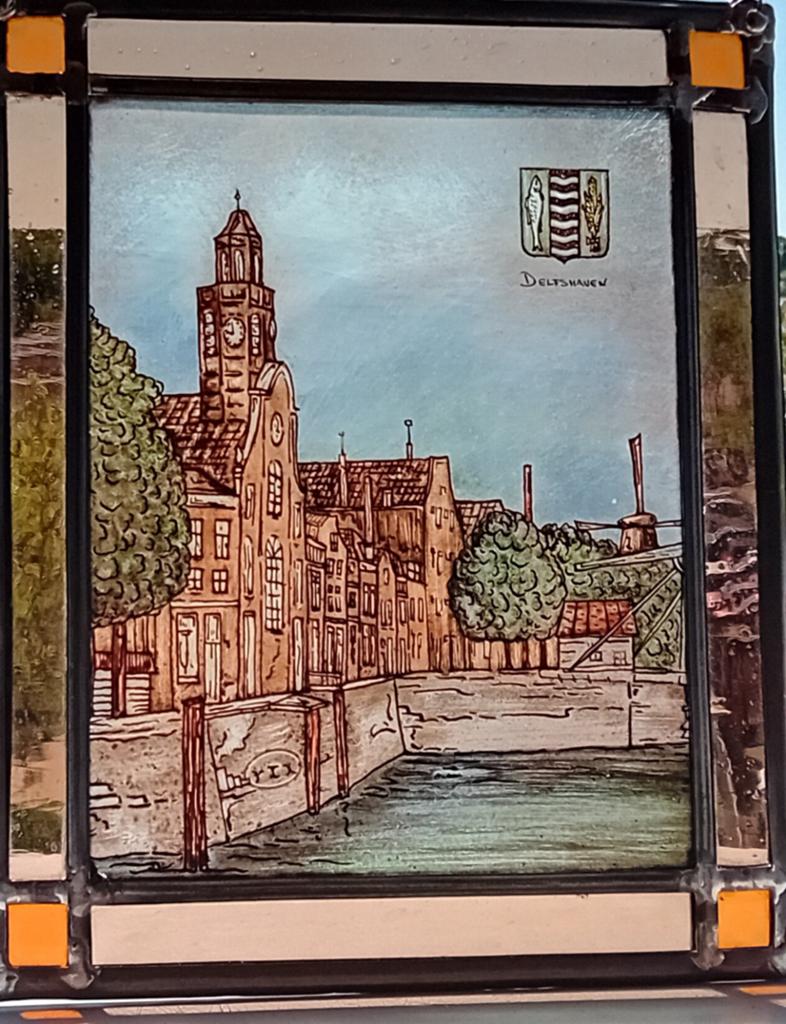 Glas-in-lood raamhanger Delfshaven Rotterdam, Antiek en Kunst, Ophalen of Verzenden