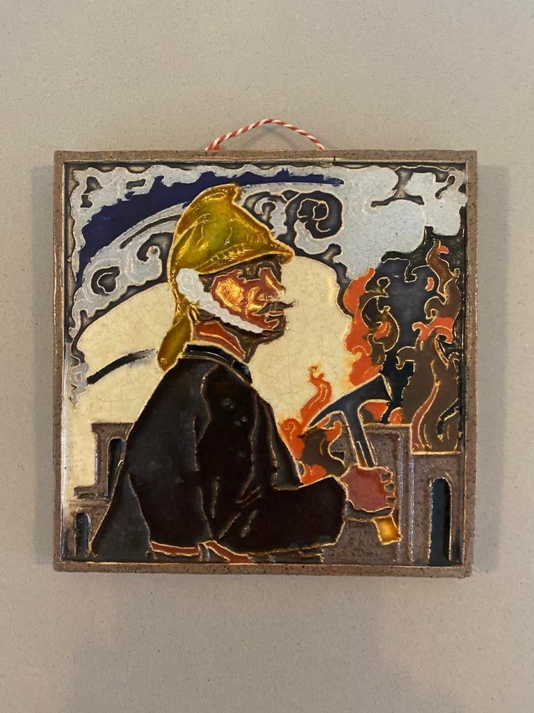Westraven Cloisonné Tegel - Brandweer Enschede 1950, Antiek en Kunst, Antiek | Wandborden en Tegels, Ophalen of Verzenden