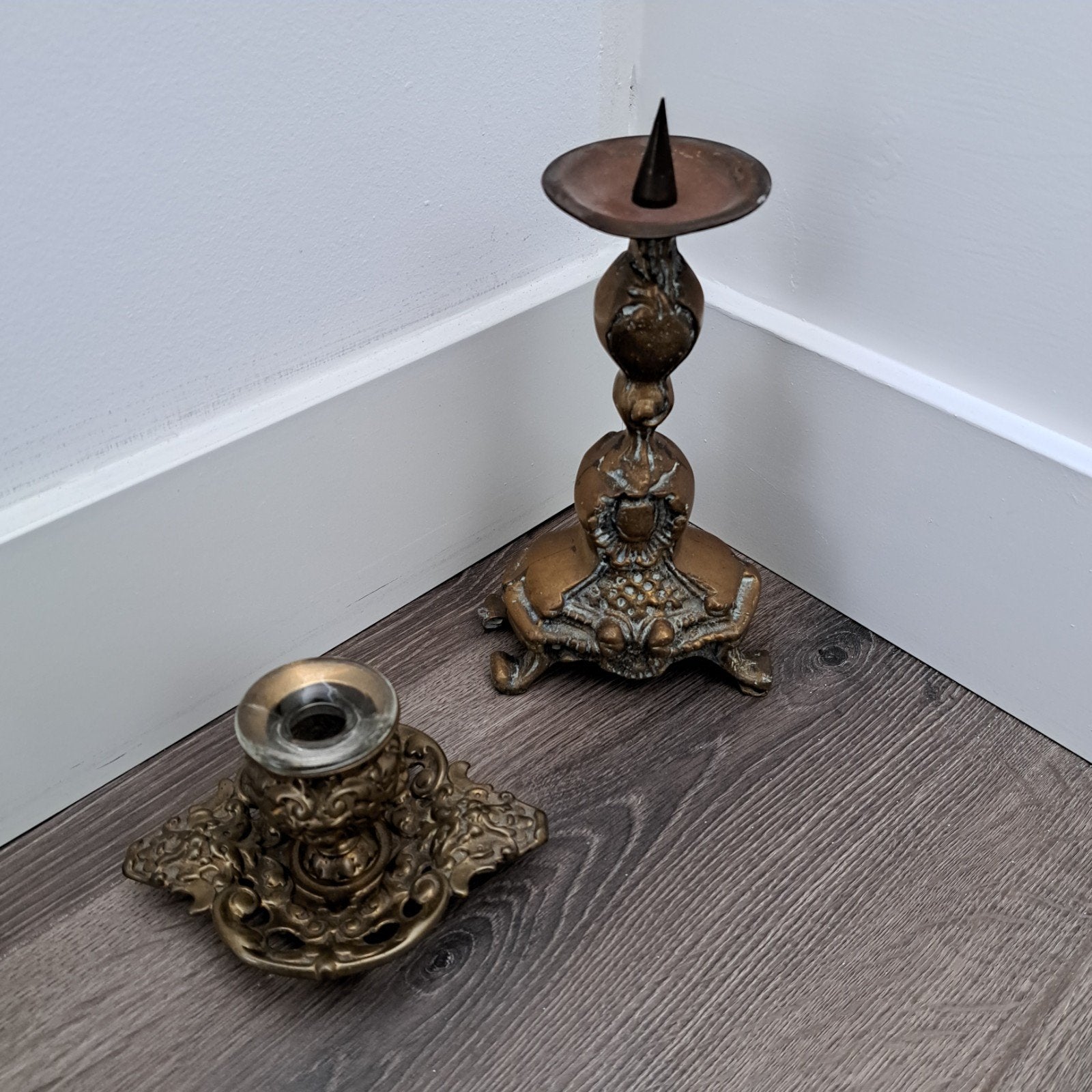 Antieke Koperen Kerkelijke Kandelaars - Set van 2, Ophalen of Verzenden, Koper of Brons
