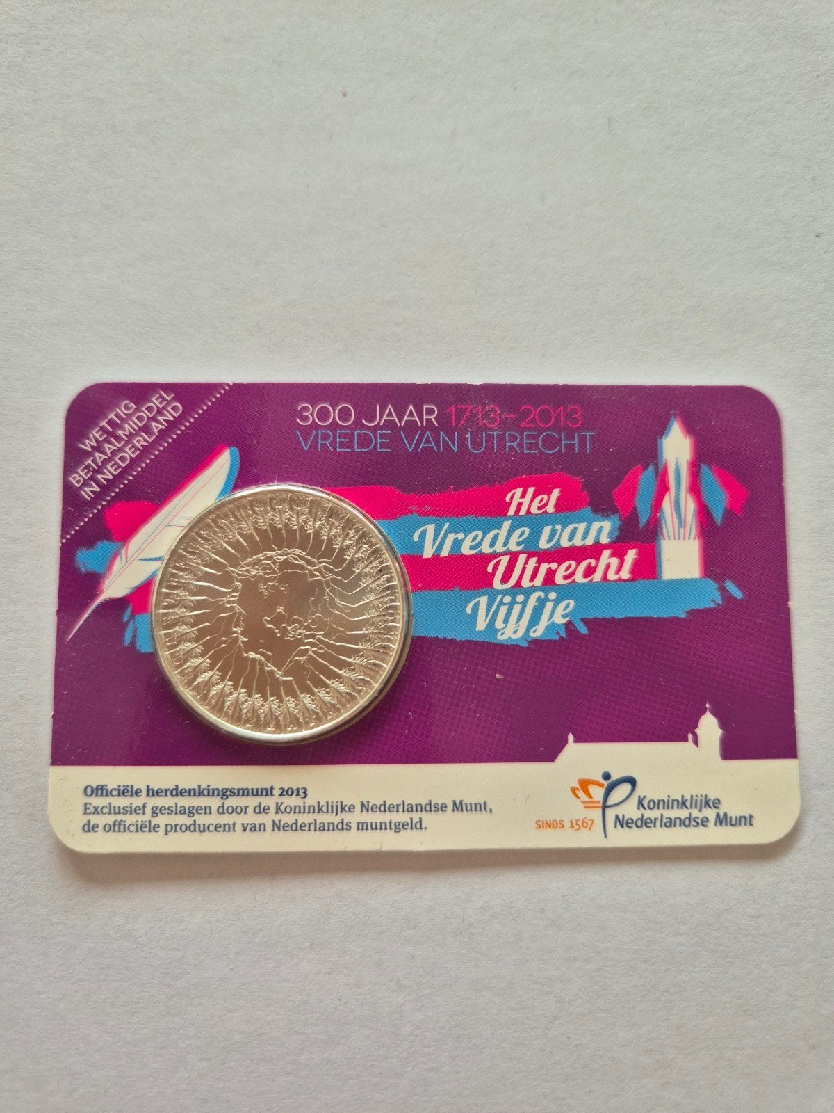 Zwaar verzilverde 5 euro munt Vrede van Utrecht 2013, Koningin Beatrix, Zilver, Euro's, Ophalen of Verzenden