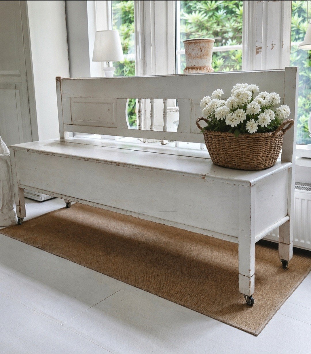 Fijne grote shabby patina witte klepbank, Ophalen