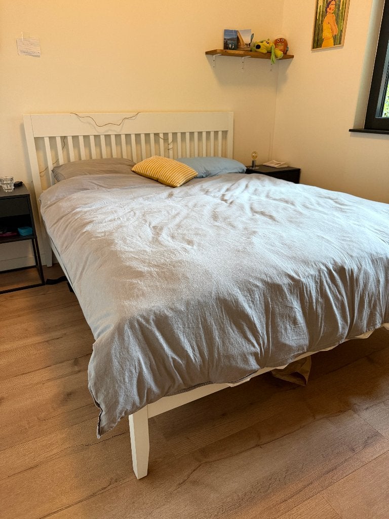 Compleet Ikea bed (frame, matras, dekbed + kussens), Ophalen, Gebruikt, Wit, Tweepersoons