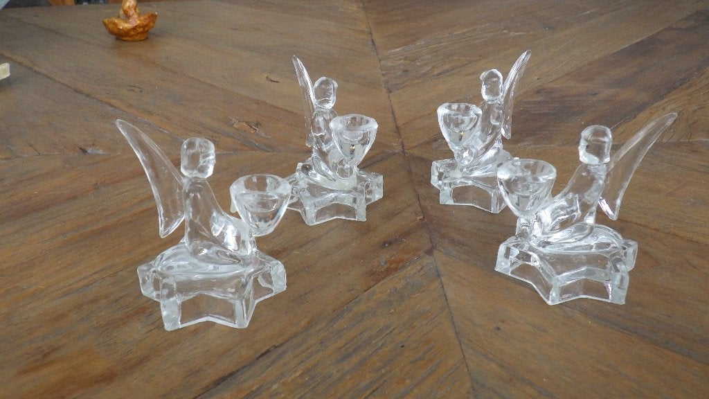 mooie glazen kandelaars versierd met engeltjes, Diversen, Kerst, Ophalen of Verzenden, Gebruikt