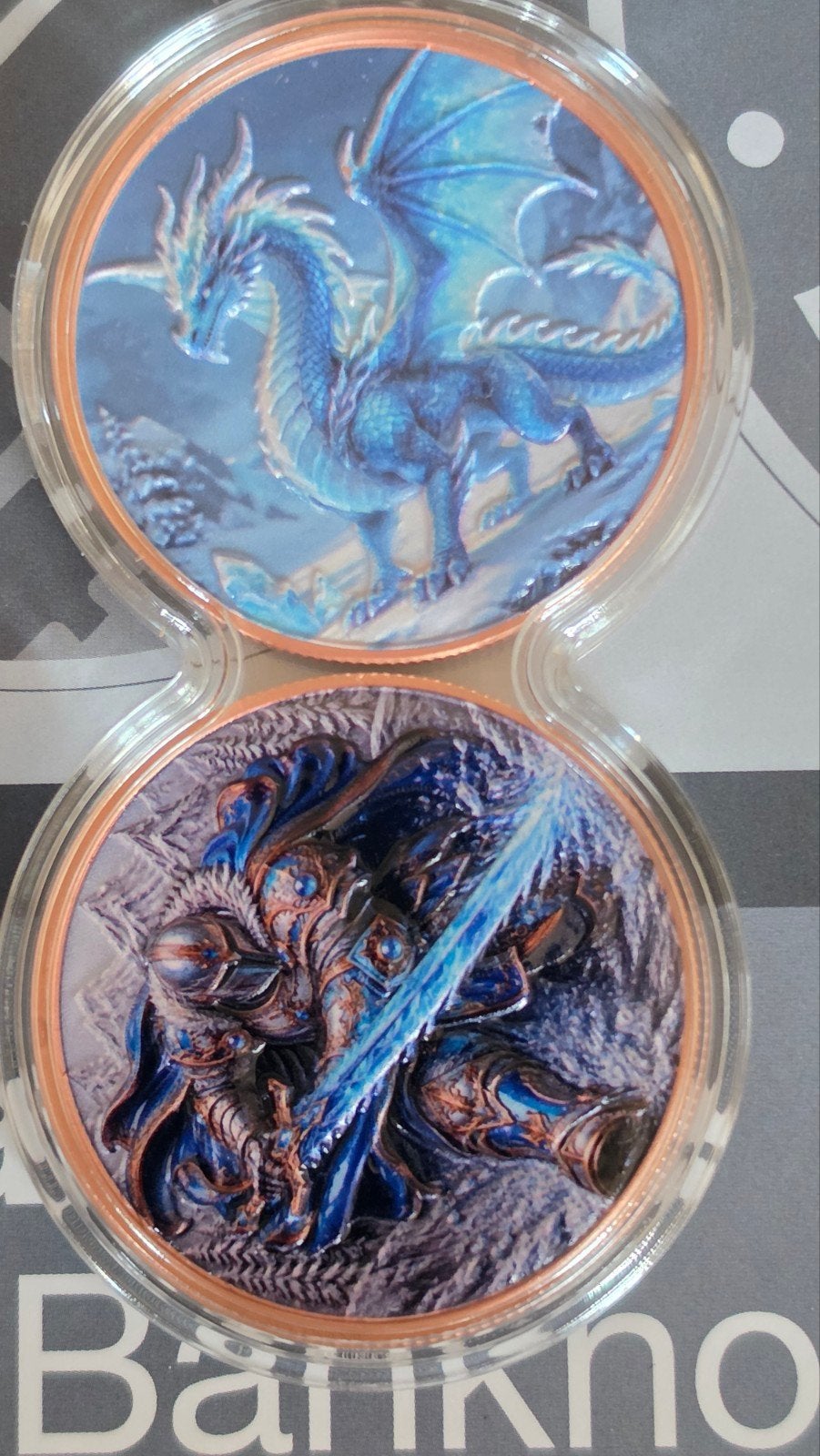 2x 1 oz 999 Koper Kleur Diep Reliëf Draak & Ridder Munten, Ophalen of Verzenden