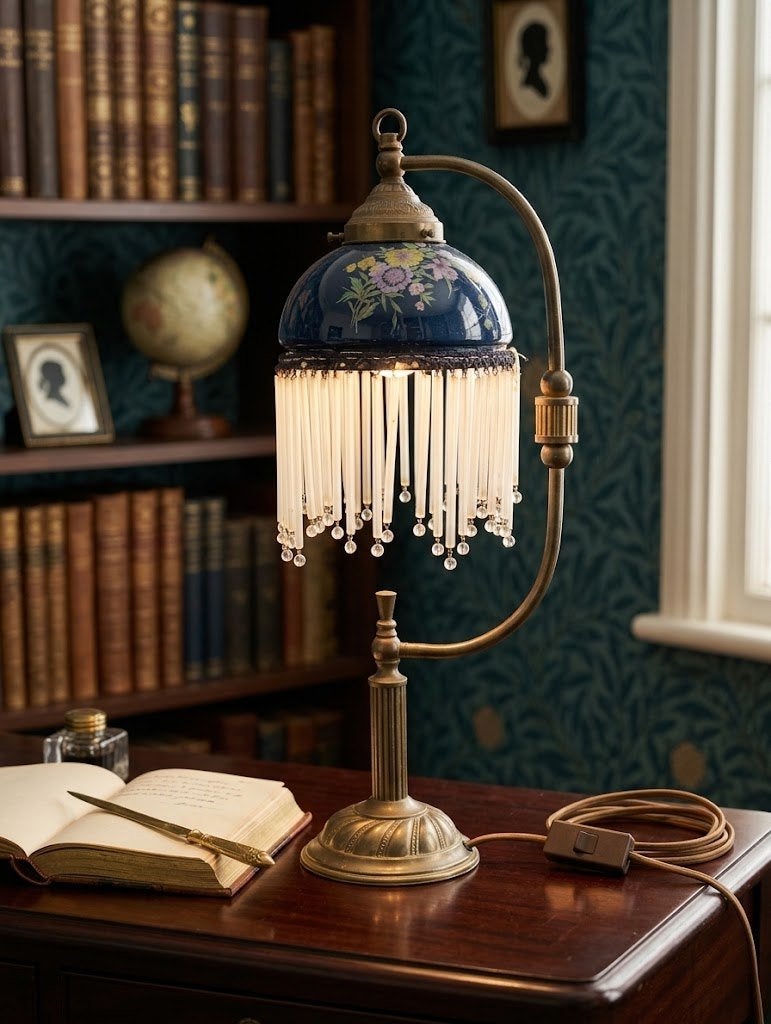 Vintage Art Deco stijl tafellamp met glazen franjes, Gebruikt, E14 (klein), Ophalen of Verzenden, Glas