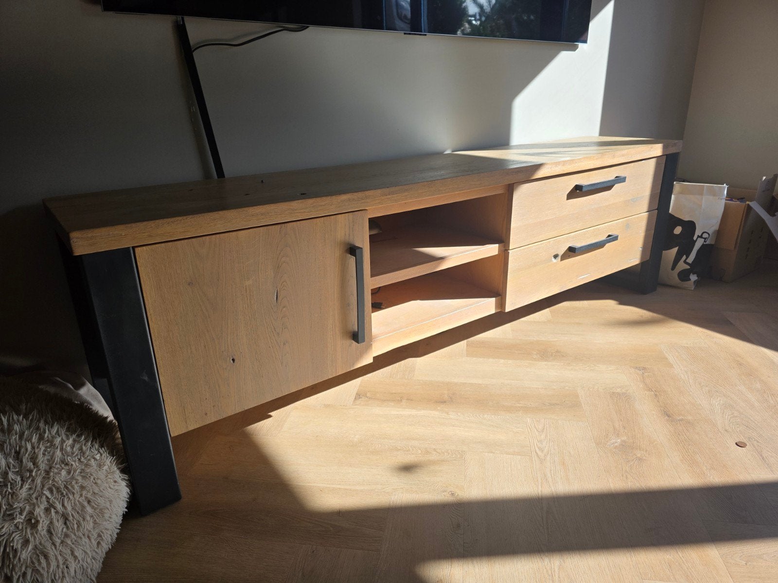 TV meubel hout/antraciet, Huis en Inrichting, Ophalen, Gebruikt, 200 cm of meer, Minder dan 100 cm