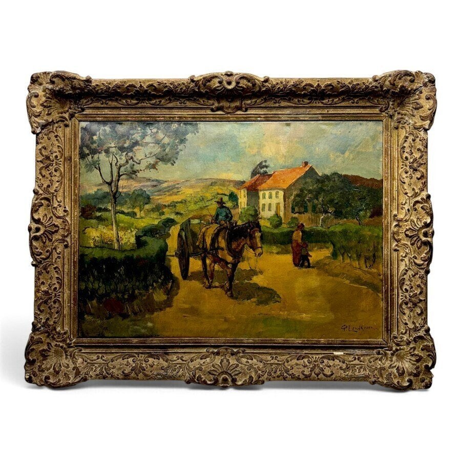 Petrus Landkroon (1907-1997), paard en wagen, Nederlandse school, Doek, Ophalen of Verzenden, Landschap