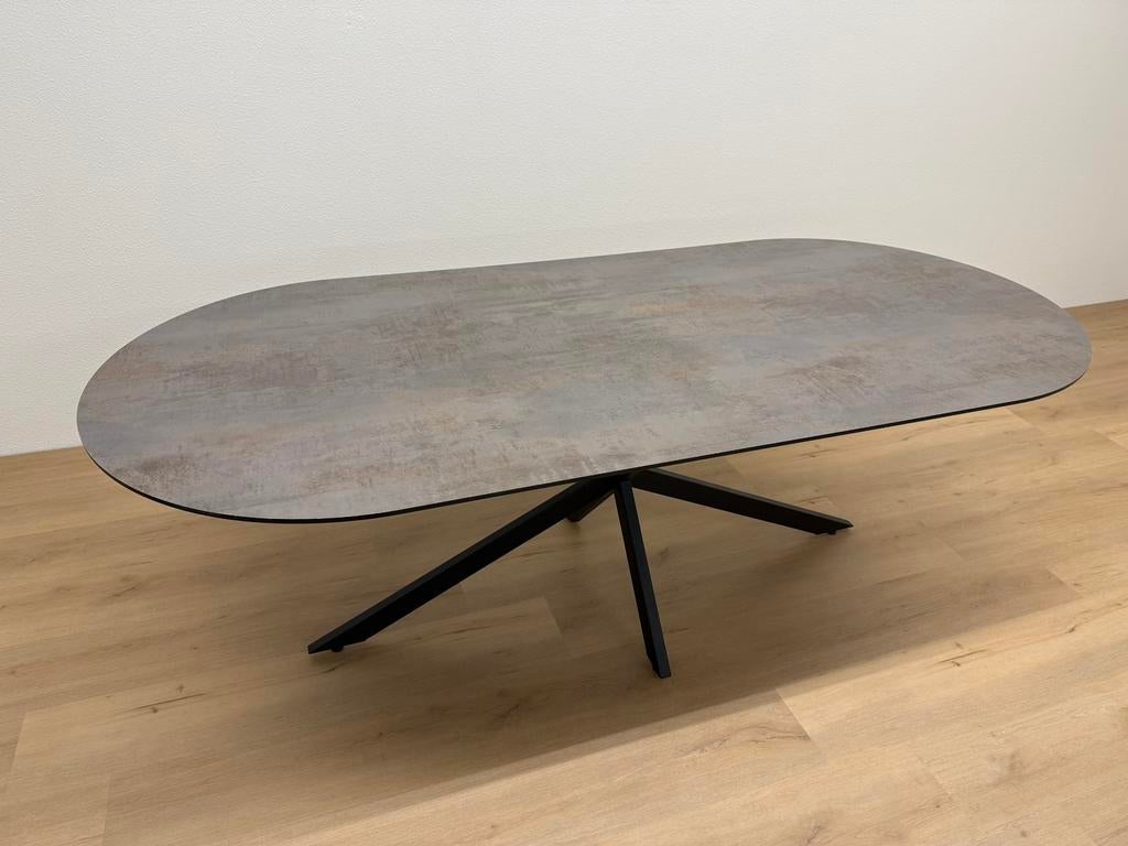 Prachtige plat ovale eettafel HPL 220x100 - Direct Leverbaar, 100 tot 150 cm, 200 cm of meer, Ophalen of Verzenden, Zo goed als nieuw